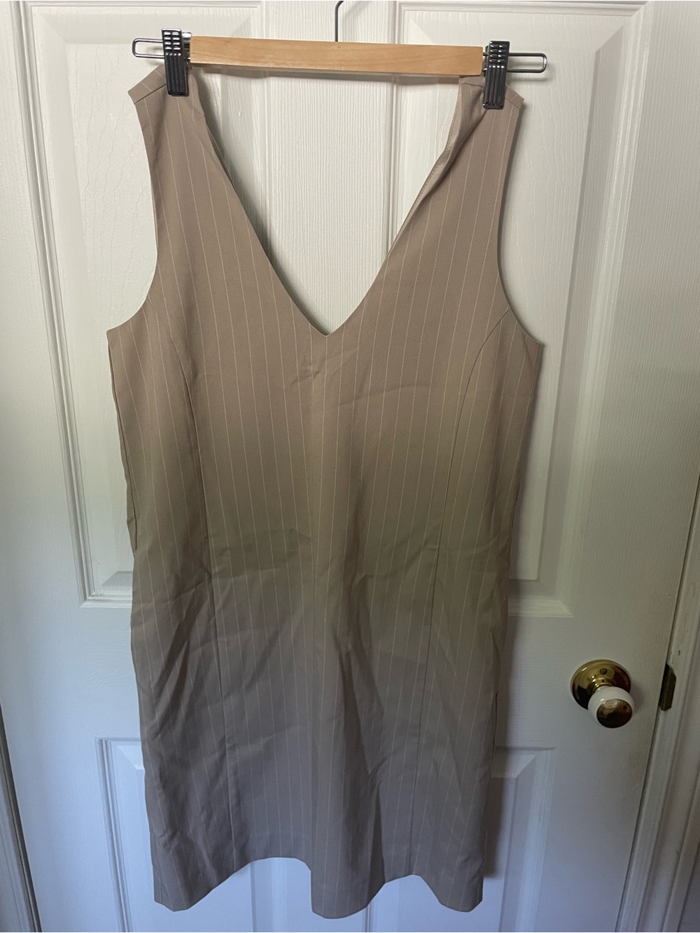 Frank & Oak Taupe Pinstripe V-Neck Shift Dress